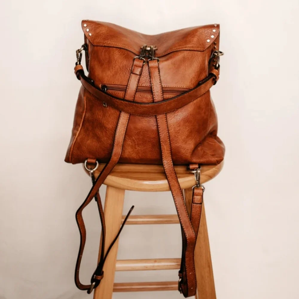 New! Camel Studded Vegan Leather Convertible Backpack Bag - Picture 4 of 6